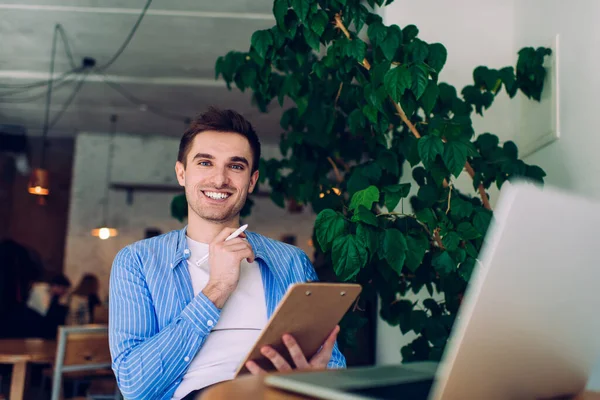 Portrait Cheerful Male Student Years Old Smiling Camera Time Laptop — Stock Photo, Image