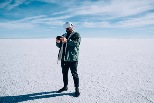 Full Length Anonymous Male Beard Standing Salt Marshes Bonneville While — Stock Photo, Image