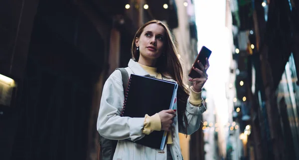 Pretty Positive Attentive Young Woman Backpack Copybooks Warm Jacket Using — Stock Photo, Image