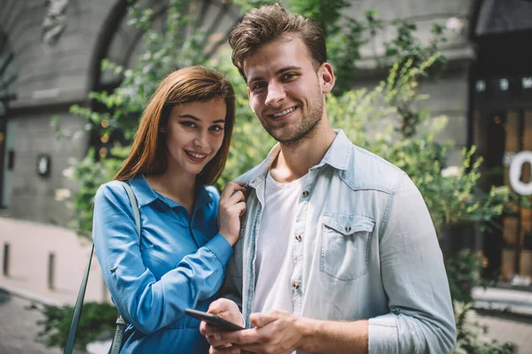 Pleased Adult Man Casual Clothes Delighted Woman Looking Camera While — Stock Photo, Image