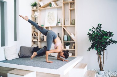 Güçlü, esnek genç bir bayanın kolları üzerinde dengede durması ve sabahları rahat bir dairede yoga seansı sırasında bir bacaklı karga asana çalışması.