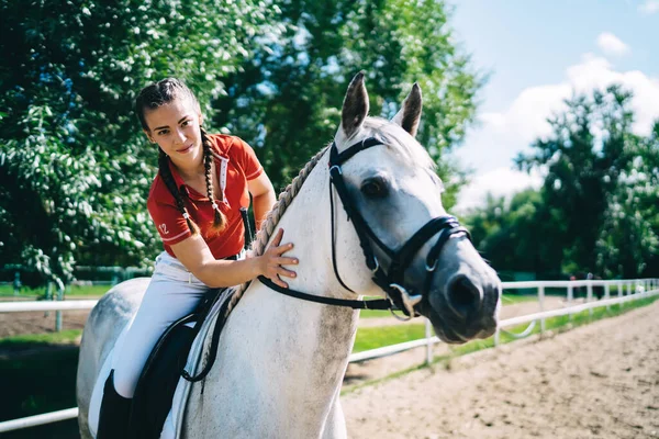 Jong Vrouwtje Met Vlechten Ruiter Outfit Zitten Paard Strelen Nek — Stockfoto