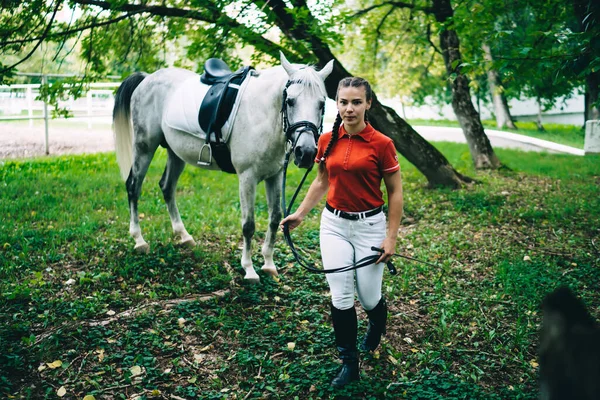 美丽的女骑师喜欢花时间在农场里训练和练习与种马一起骑马 这是在母马身边摆姿势的漂亮的白人黑发女子的画像 — 图库照片