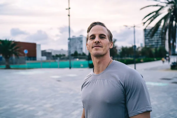 Half Length Portrait Smiling Male Jogger Activewear Satisfied Training Outdoors — Stock Photo, Image