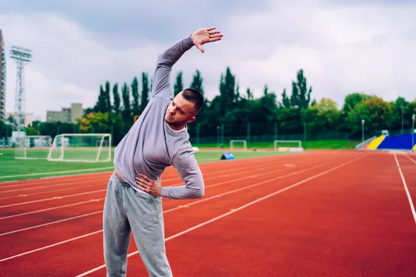 Serious Caucasian Male Athlete Activewear Doing Working Exercises Starting Running — Stock Photo, Image