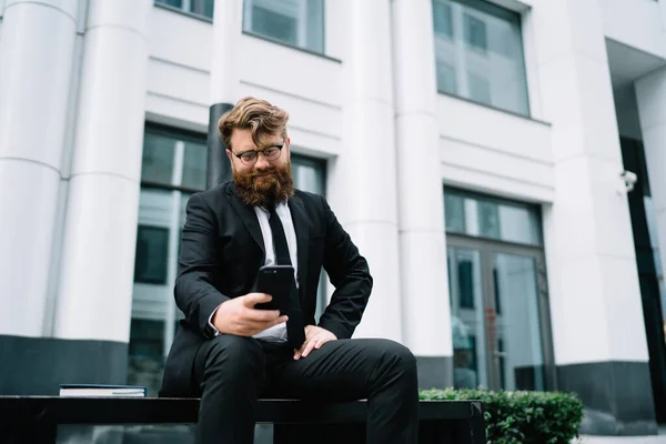 Confident Successful Businessman Formal Wear Bushy Beard Trendy Haircut Sitting — Stock Photo, Image