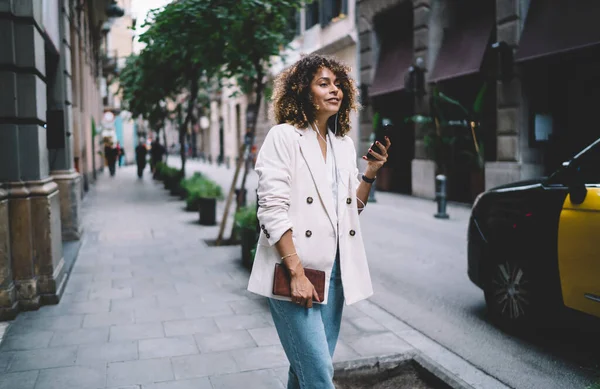 Stylish Ethnic Woman Casual Clothes Having Video Call Smartphone While — Stock Photo, Image