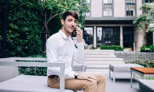 Portrait Handsome Latin Man Elegant Wear Sitting Outdoors Terrace Talking — Stock Photo, Image