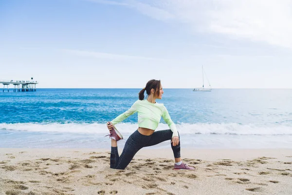 Side View Full Body Middle Aged Woman Activewear Sitting Knee — Stock Photo, Image