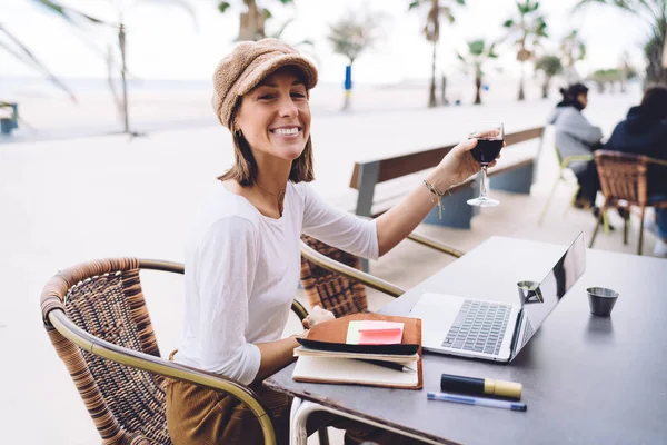 Side View Young Cheerful Woman Trendy Wear Raising Hand Glass — Stock Photo, Image