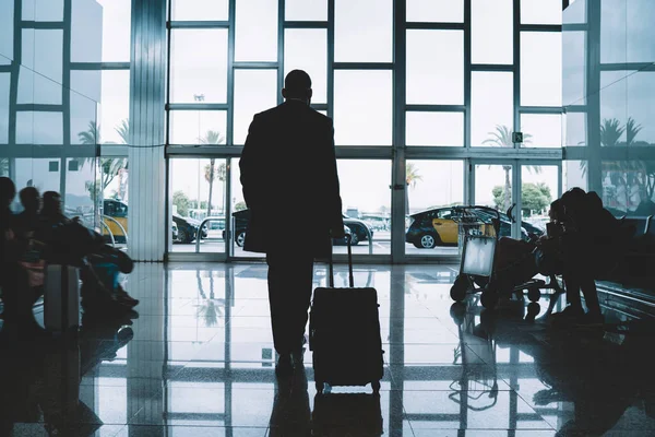 Rückansicht Des Männlichen Passagiers Mit Koffergepäck Der Nach Der Geschäftsreise — Stockfoto