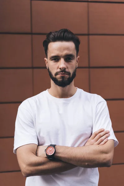 Confident Young Bearded Man Wearing Casual Clothes Watch Looking Camera — Stock Photo, Image