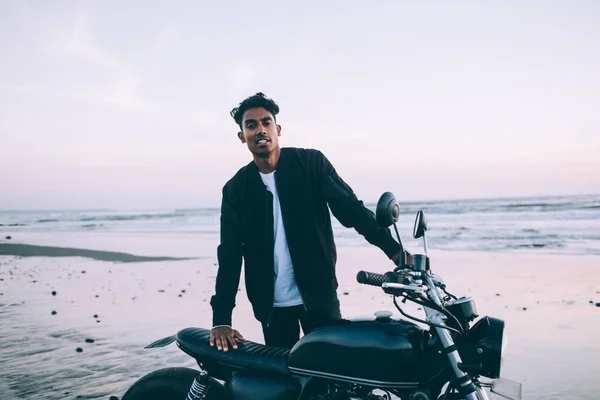 Brutal Hispanic Guy Casual Trendy Clothing Standing Next Motorcycle Looking — Stock Photo, Image