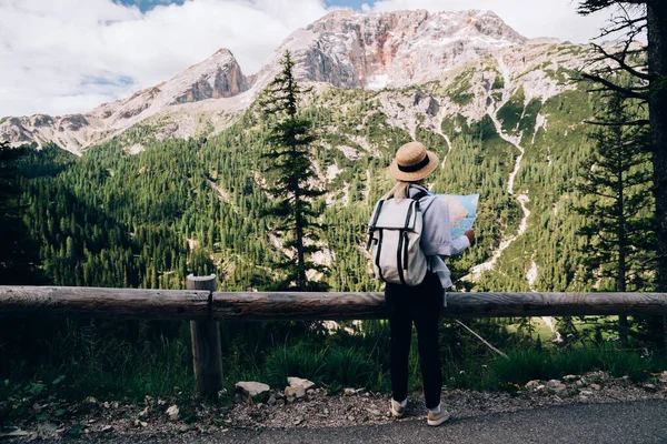 Back View Woman Backpack Examining Map While Standing Road Mountain — 스톡 사진