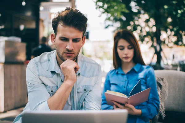 Concentrated Guy Browsing Laptop Sitting Street Cafe Terrace Young Smart — Stock Photo, Image