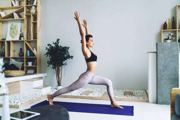 Full Body Barefoot Slim Female Raised Hands Sportswear Doing Yoga — Stock Photo, Image