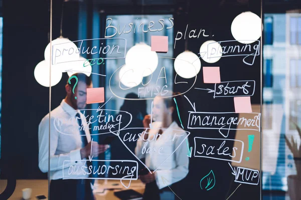 Blurred Colleagues Standing Front Mirror Business Plan Company While Female — Stock Photo, Image