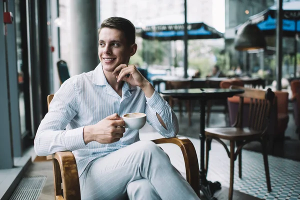 Positive Successful Handsome Male Entrepreneur Casual Outfit Enjoying Coffee While — Stock Photo, Image