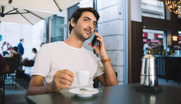 Thoughtful Ethnic Male Casual Wear Having Conversation Mobile Phone While — Stock Photo, Image