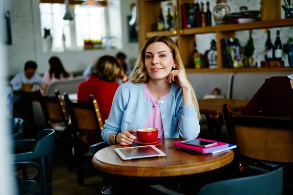 Positive Female Casual Clothes Smiling Looking Camera While Sitting Wooden — Stock Photo, Image