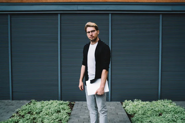 Young Smart Serious Male Black Jacket White Shirt Holding Netbook — Stock Photo, Image