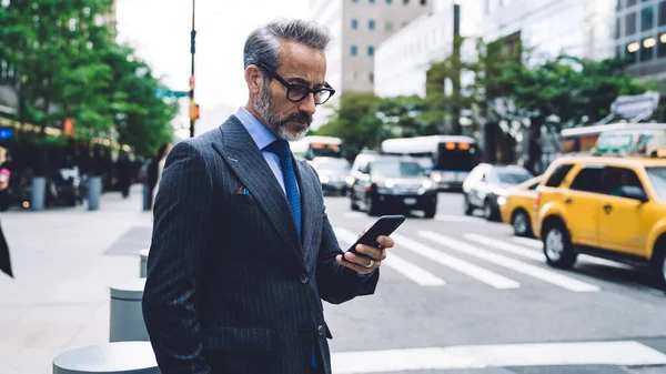 Middle Aged Businessman Glasses Stylish Dark Striped Business Suit Standing — Stock Photo, Image