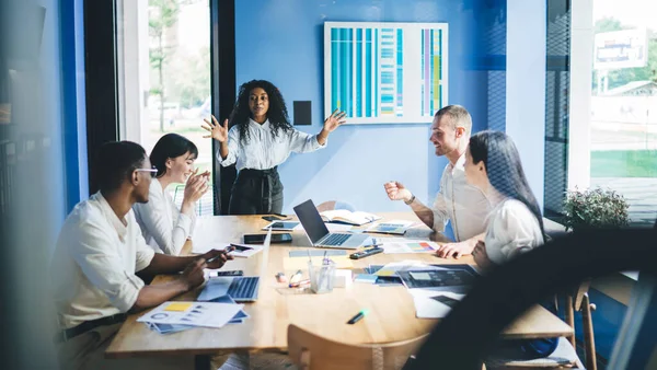 Glass Glad Diverse Coworkers Formal Wear Using Laptop Tablet While — Stock Photo, Image