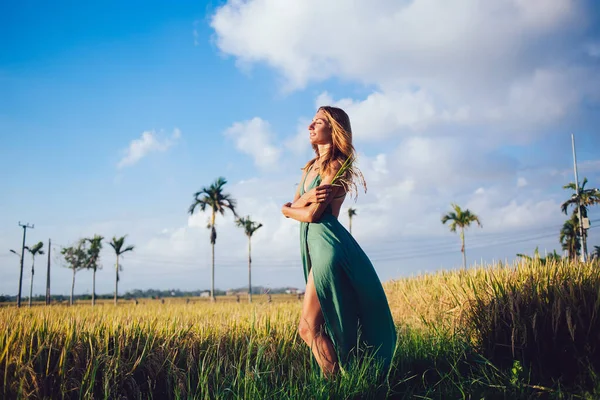 Seitenansicht Einer Friedlichen Jungen Frau Mit Verschränkten Armen Elegantem Kleid — Stockfoto