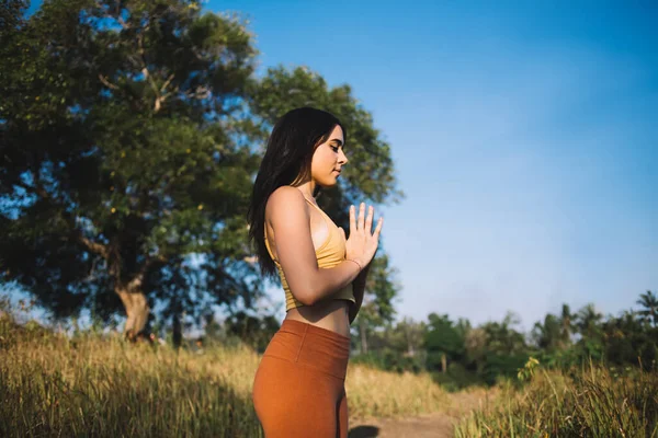 Pensive caucasian female in active wear meditating and feeling recreation on morning yoga training on meadow, calm woman concentrated on thoughts enjoying vitality and flexibility care about body