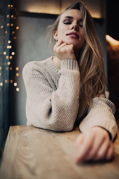 Half Length Portrait Attractive Hipster Girl Dressed Warm Knitted Sweater — Stock Photo, Image