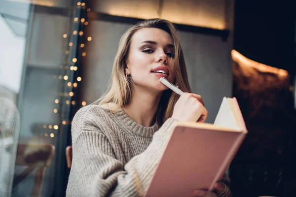 Portrait Intelligent Female Student Spending Time Studying Exam Preparing Sitting — Stock Photo, Image