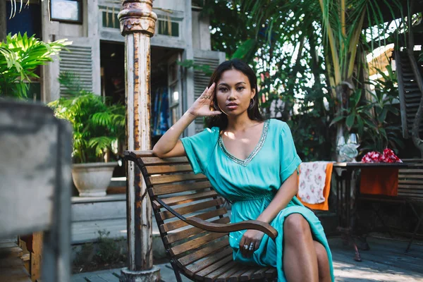 Calm Beautiful Ethnic Brunette Turquoise Summer Dress Sitting Wooden Bench — Stock Photo, Image