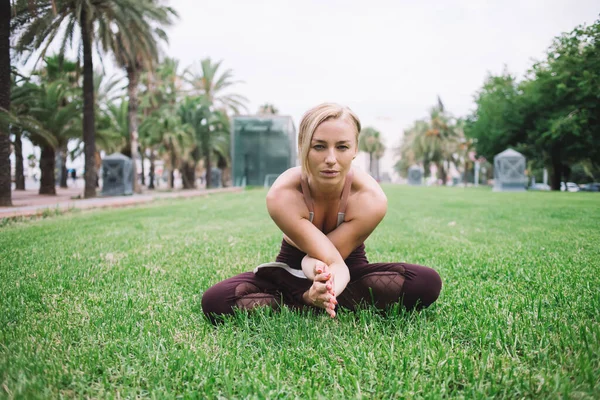 Professional Female Lover Yoga Sitting Lotus Pose Stretching Hands Morning — Stock Photo, Image