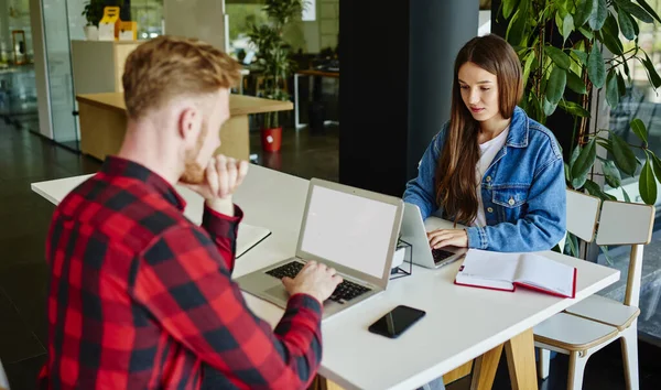 Millennial Mannelijke Vrouwelijke Softwareontwikkelaars Programmeren Applicatie Laptop Apparaten Met Een — Stockfoto