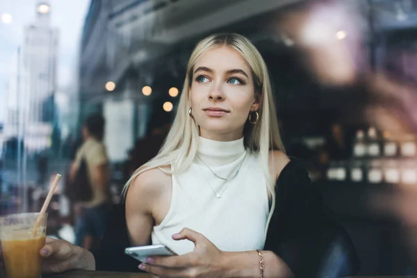 Glass View Young Woman Dreamy Mood Sitting Cafe Glass Fresh — Stock Photo, Image