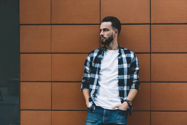 Pensive Young Bearded Stylish Guy Leaning City Building Wall Hands — Stock Photo, Image