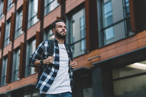 Low Angle Satisfied Young Hipster Male Casual Wear Backpack Walking — Stock Photo, Image