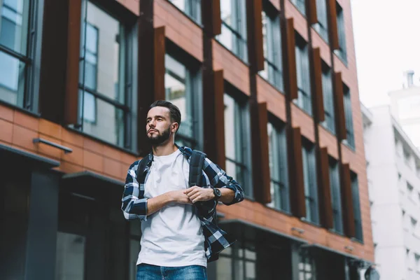 Handsome Hipster Male Casual Clothes Backpack Straightening Shirt City Street — Stock Photo, Image