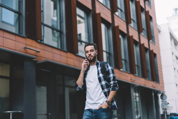 Low Angle Modern Hipster Male Casual Wear Backpack Walking City — Stock Photo, Image