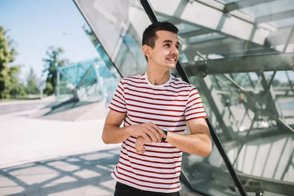 Punctual Young Man Striped Shirt Holding Watch While Waiting Friends — Stock Photo, Image