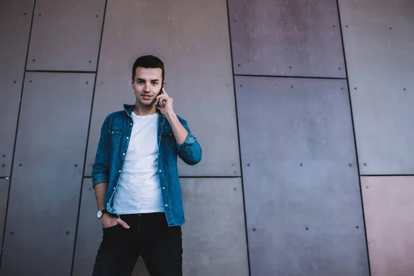 Good Looking Young Male Denim Outfit Standing Wall Contemporary City — Stock Photo, Image