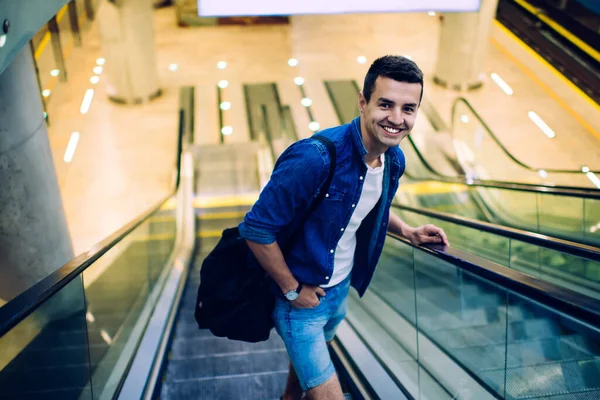 Smiling Positive Young Male Casual Denim Clothes Sports Bag Going — Stock Photo, Image
