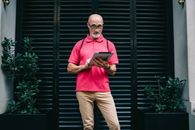 Konsantre yaşlanmış erkek göz gezdirme tableti. İnternette kara tahta panjurların yanında, yazın sokakta iki saksı arasında bilgi ararken.