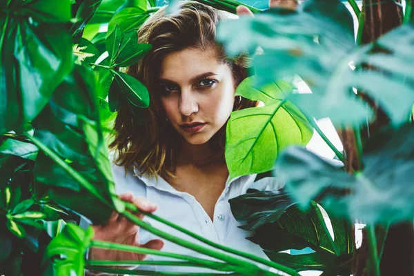 Bir tarafı kıllı, odaklanmış genç bir kadın yaz bahçesindeki tropik bitkilerin taze yeşil yapraklarından kameraya bakıyor.