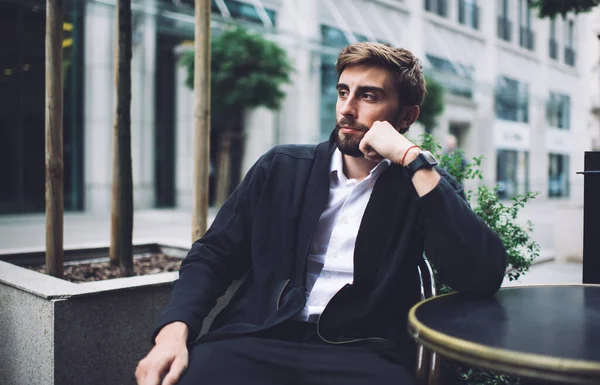 Pensive Bearded Male Dark Jacket Light Shirt Sitting Empty Table — Stock Photo, Image