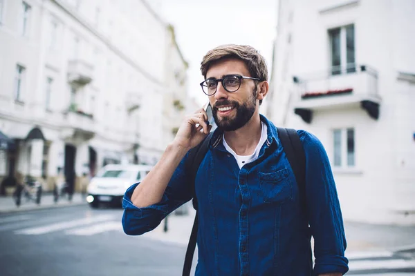 Satisfied Bearded Youthful Hipster Wearing Casual Denim Shirt Eyeglasses Talking — Stock Photo, Image