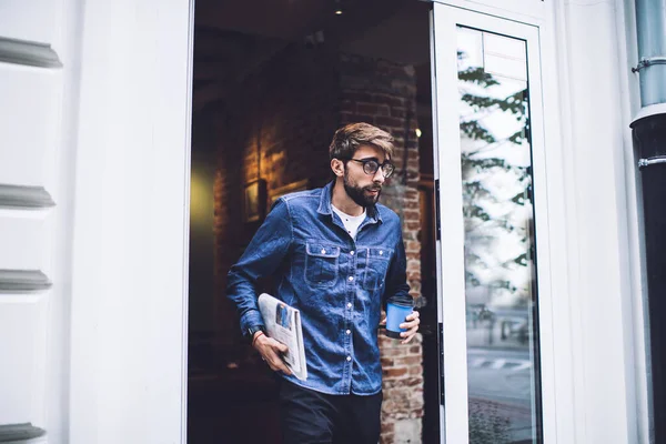 Serious Bearded Male Glasses Wearing Casual Clothes Coffee Cup Standing — Stock Photo, Image