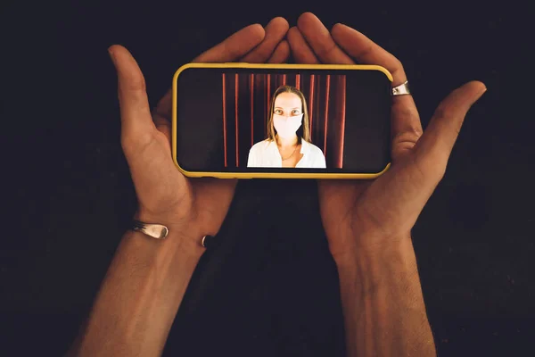 Cropped Image Hands Holding Smartphone Camera Screen Video Call Lockdown — Stock Photo, Image