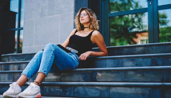 Full Body Confident Focused Millennial Female Denim Sneakers Relaxing Stairs — Stock Photo, Image
