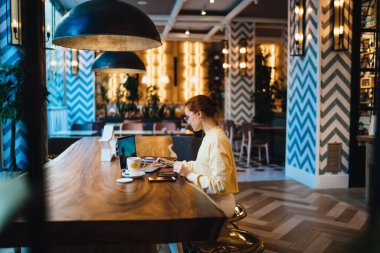 Kafkasyalı metin yazarı 4G kablosuz internet bağlantısını kullanarak sosyal web sitesini halka arz eden bir yazı hazırlıyor, yetenekli bayan öğrenci dizüstü bilgisayardan öğreniyor